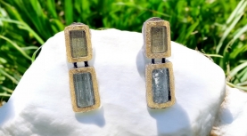 RECTANGULAR ROUGH HELIODORUS AND AQUAMARINE LARGE EARRINGS IN SILVER AND GOLD