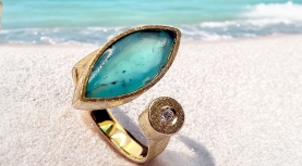 NAVETTE PERUVIAN BLUE OPAL RING WITH DIAMOND IN GOLD