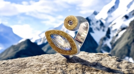 NAVETTE ROUGH MOONSTONE RING WITH DIAMOND IN SILVER AND GOLD