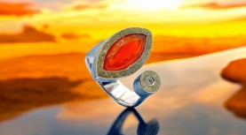 NAVETTE MEXICAN FIRE OPAL RING WITH DIAMOND IN SILVER AND GOLD