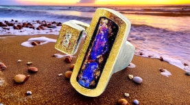 RECTANGULAR PURPLE BOULDER OPAL RING WITH 2 DIAMONDS IN SILVER AND GOLD